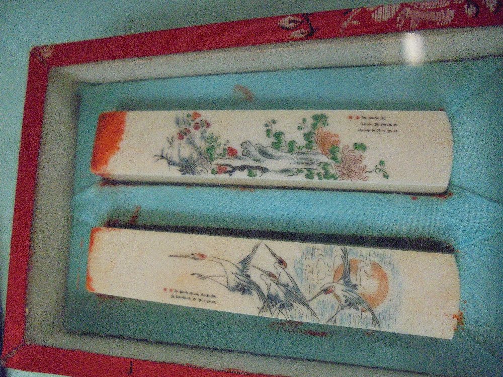 Pair of C19th Chinese ivory seals; together with eight ink blocks, and a 'landscape' scroll. - Image 3 of 6