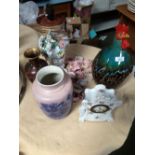 Ceramic clock, cockerel, Foresters vase, 2 handled lamp. 2 x 9 napkin rings and cloisonne vase on