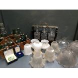 11 various glass shades, collection of vintage bottles (some named), a stained coromandle effect