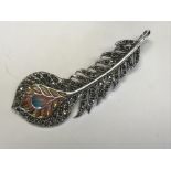 Plique a jour and marcasite peacock feather brooch/pendant