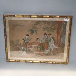 Chinese painting on silk depicting 4 females on veranda with rabbits & parrot, signed together