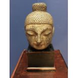 Antique carved stone head of a Buddha on wooden plinth base, head 24cmH