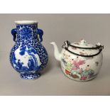 Chinese teapot and blue and white small moon flask