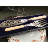 Bone handled and plated fish serving set and a quantity of teawares