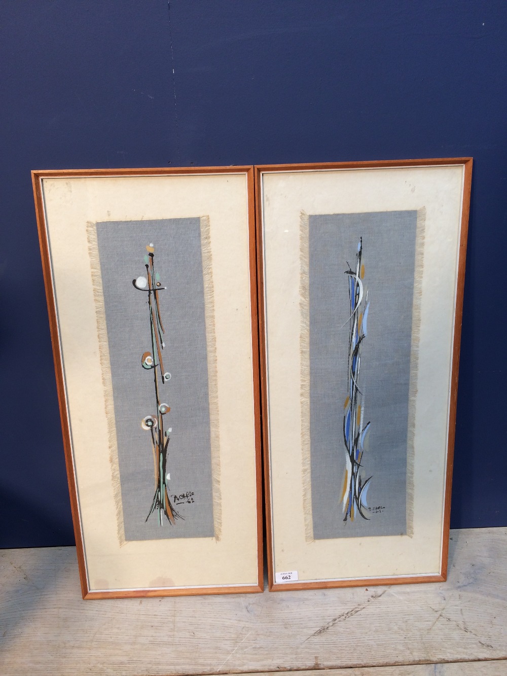 1963, pair of oil paintings of Retro Abstract Designs, signed and dated, studio framed, 62.5x26cm