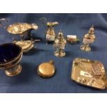 Silver open sugar basket in neo classical taste, a silver sauceboat, jug lidded mustard, a pair of