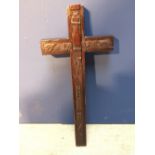 C19th carved wooden crucifix, the reverse with old wax seals, the sliding top containing ancient