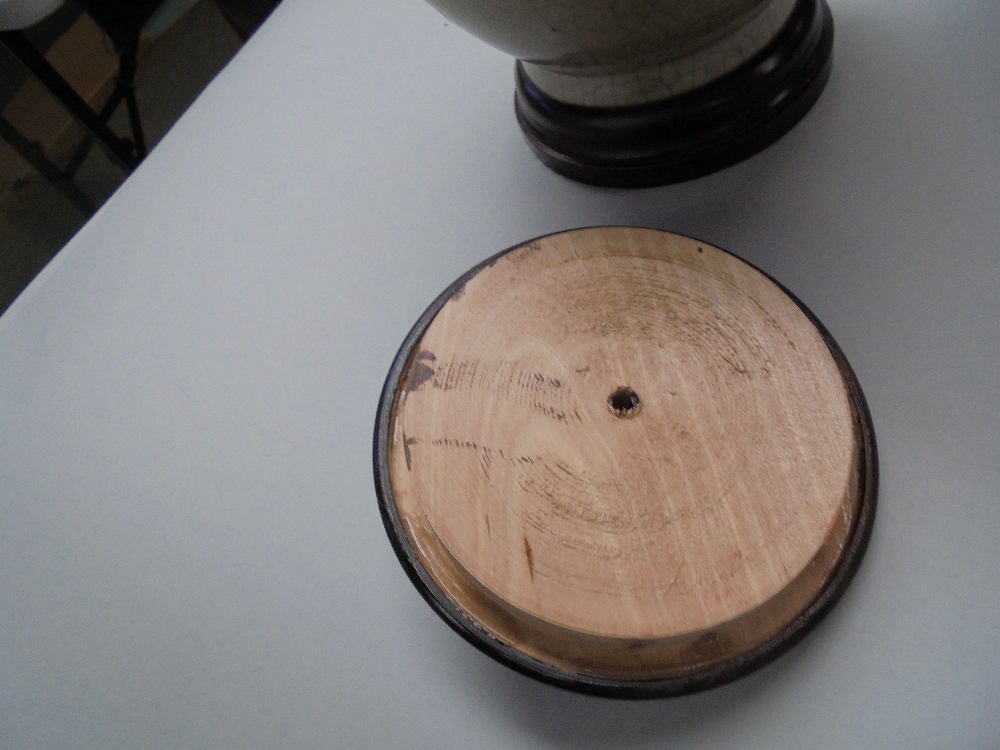 C18th/19th Chinese crackle glazed ovoid jar, wood cover and stand, overall 31cmH - Image 3 of 4