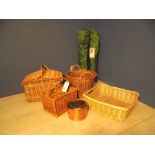 6 Bottle wicker bottle basket, picnic basket with carry handle and lid, 3 further baskets, pair