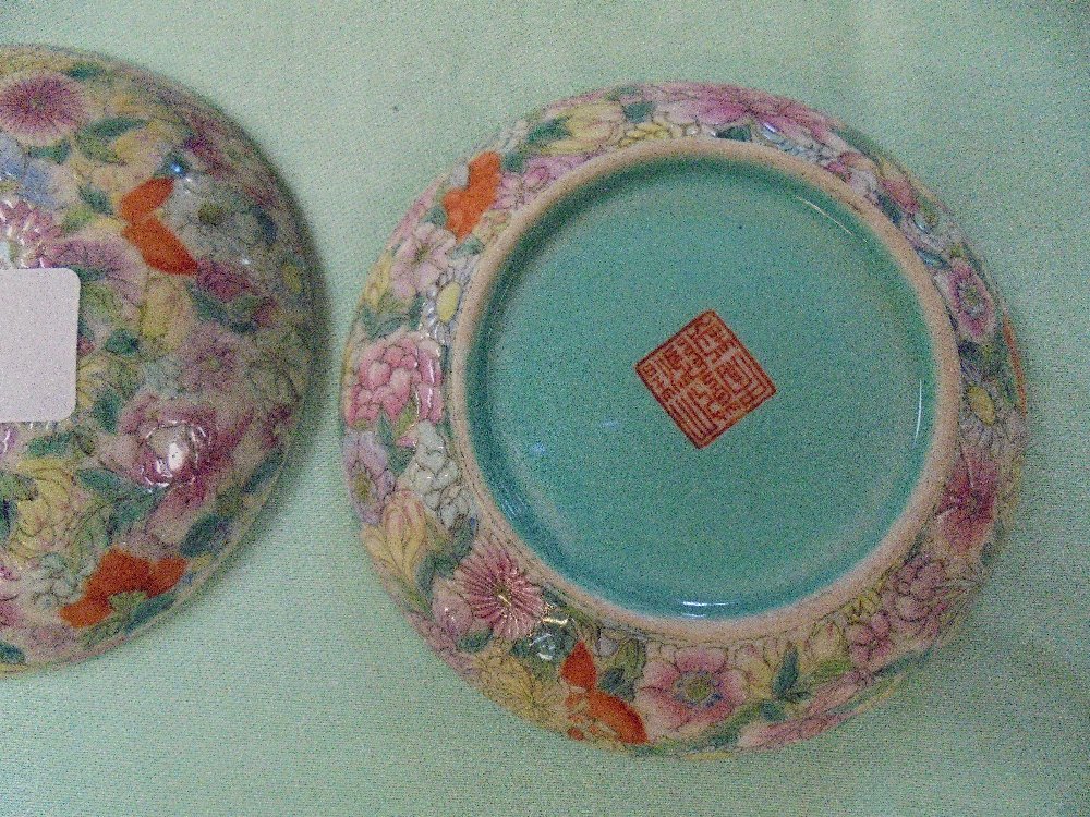 C19th Chinese famille rose 'mille fleur' circular ink box and cover, Qianlong six-character mark; - Image 3 of 11