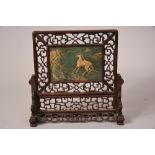 C19th Chinese spinach jade plaque inset table screen, the rectangular plaque decorated on both sides