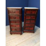 Pair of C19th burr walnut marble top narrow bedside cabinets 46Wx92Hcm