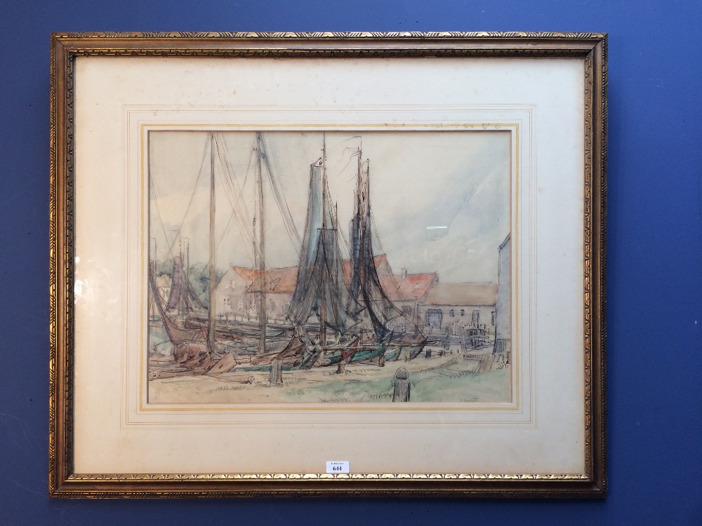 Large mixed method painting of Fishing Boats in an Old Harbour, signed, framed & glazed, 42x56cm