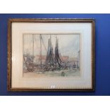 Large mixed method painting of Fishing Boats in an Old Harbour, signed, framed & glazed, 42x56cm