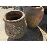 2 large weathered terracotta Olive Pots - largest 83 cm H. Damaged