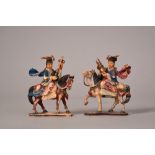 Pair of C19th Chinese stained ivory carvings of musicians on horseback, 9cmH (2)