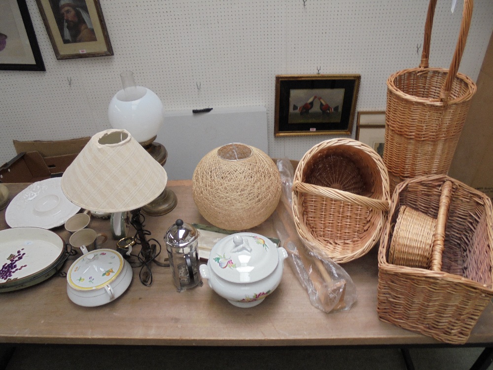 Various wicker baskets, china, brass lamp etc.