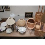 Various wicker baskets, china, brass lamp etc.