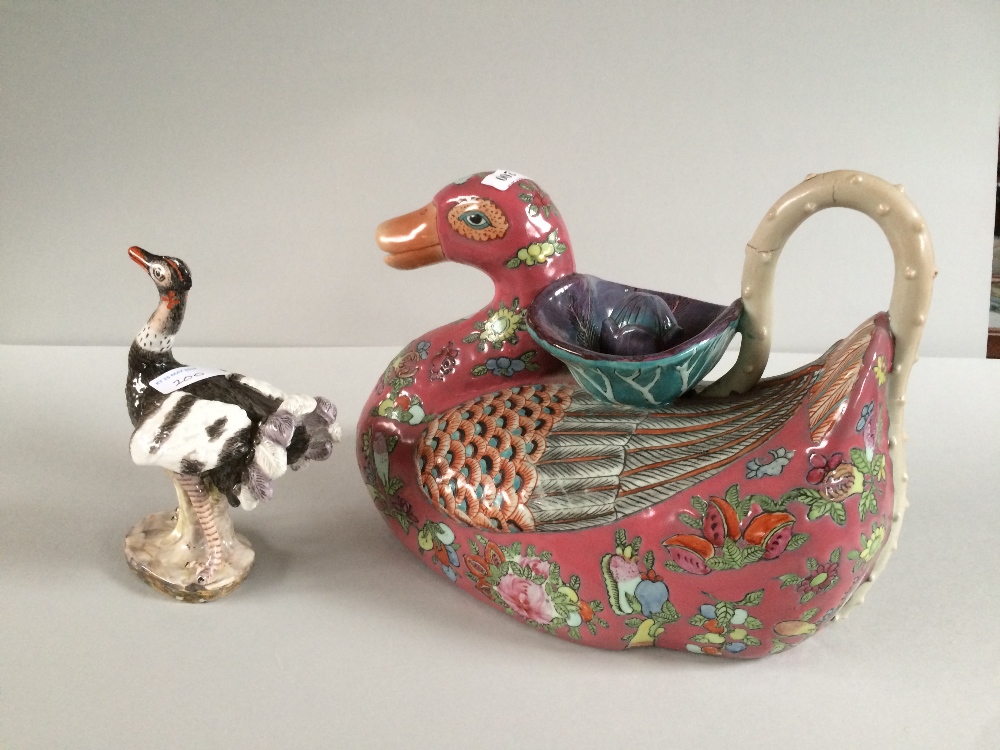 Chinese pottery polychrome enamelled duck & chick, together with a C19th Continental porcelain