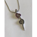 18 carat white gold double heart pendant necklace set with sapphire, rubies & citrines