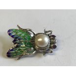 Silver & plique a jour bug brooch with mabe pearl & ruby eyes