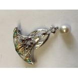 Silver Art Nouveau style plique a jour brooch with freshwater pearl drop