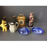 Royal Doulton Jester figure, tin 2016, pair of Royal Copenhagen Xmas plates, a yellow glazed novelty