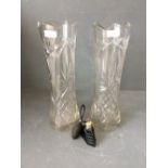 Art Deco black glass scent bottle with atomiser & a pair of large cut glass vases
