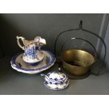 Jam pan with hanger and chain, large bowl and ewer, sauceboat, saucer & ladle