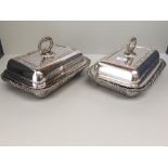 Pair Regency Sheffield plate rectangular entree dishes, crested with motto, 30.5cm