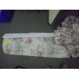 Two pairs of floral printed curtains & roll of material etc.