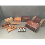 K&C Ltd chess set, another part set, 2 cribbage boards, 4 assorted boxes etc