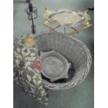 Large wicker basket, tribal feeding bowl, painted tray, folding bedroom stand, candlesticks & single