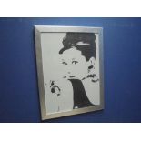 Large framed studio art mixed method on canvas portrait of Hollywood film star Audrey Hepburn