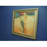 Ornately framed oil painting portrait of an Art Deco lady in soft brimmed hat 48.5x48.5cm