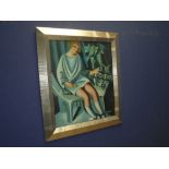 An oil painting portrait of a young lady of the Art Deco period seated by a verandah in stylized