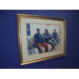 A gilt framed & glazed impressionist oil painting of 3 mediteranian fishermen seated on a bench,