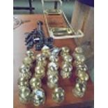 Qty of brass door knobs, bathroom brass tidy, wrought iron brackets