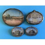 Group of 4 Indian miniature watercolour brooches, depicting interior & exterior architectural views