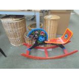 5 Assorted wicker baskets & childs hobby horse