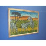 Wildlife interest a framed and glazed study on textile, Zebras in an african landscape 55x77cm