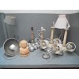 Assorted light fittings, shades, boulle set, china & 2 prints