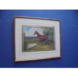 An oak framed oil painting of a chestnut horse by a pond in pastural scene 28x39cm