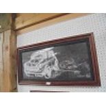 Large selection of framed pictures of various subject matter to include and art print of a mini car