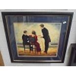 An Ebonized framed modern school oil painting butler and couple beach dining 47.5x54cm