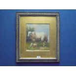 A framed oil painting study of sheep and yew 25.5x22.5cm