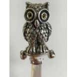 Silver owl babies rattle with mother of pearl handle
