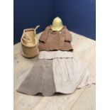 Basket containing modern pith helmet, suede skirt & short coat together with a skirt & top size 12/