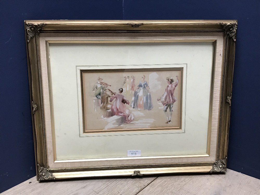 Gilt swept framed water colour romantic scene with figures dancing in traditional costumes 15 x 24