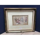 Gilt swept framed water colour romantic scene with figures dancing in traditional costumes 15 x 24